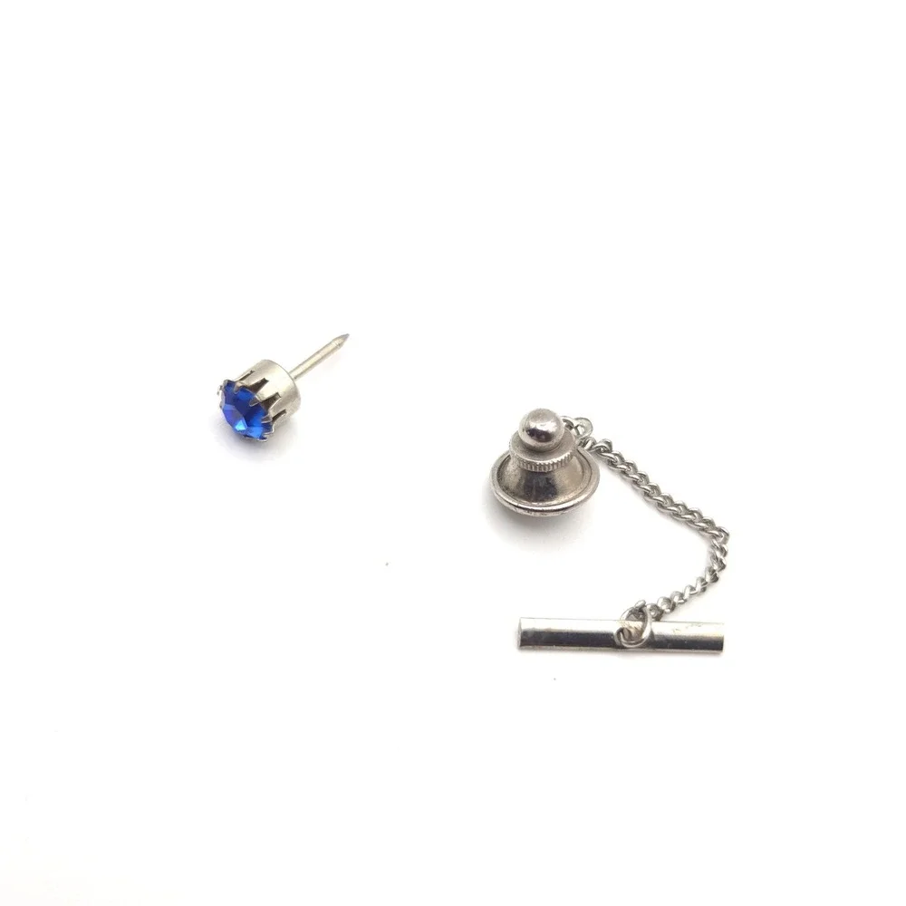 Vintage‎ Silver Tone Cobalt Blue Rhinestone Tie Tack with Safety Chain T-Bar